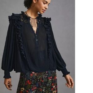 By Anthropologue Black Pleated Blouse Medium